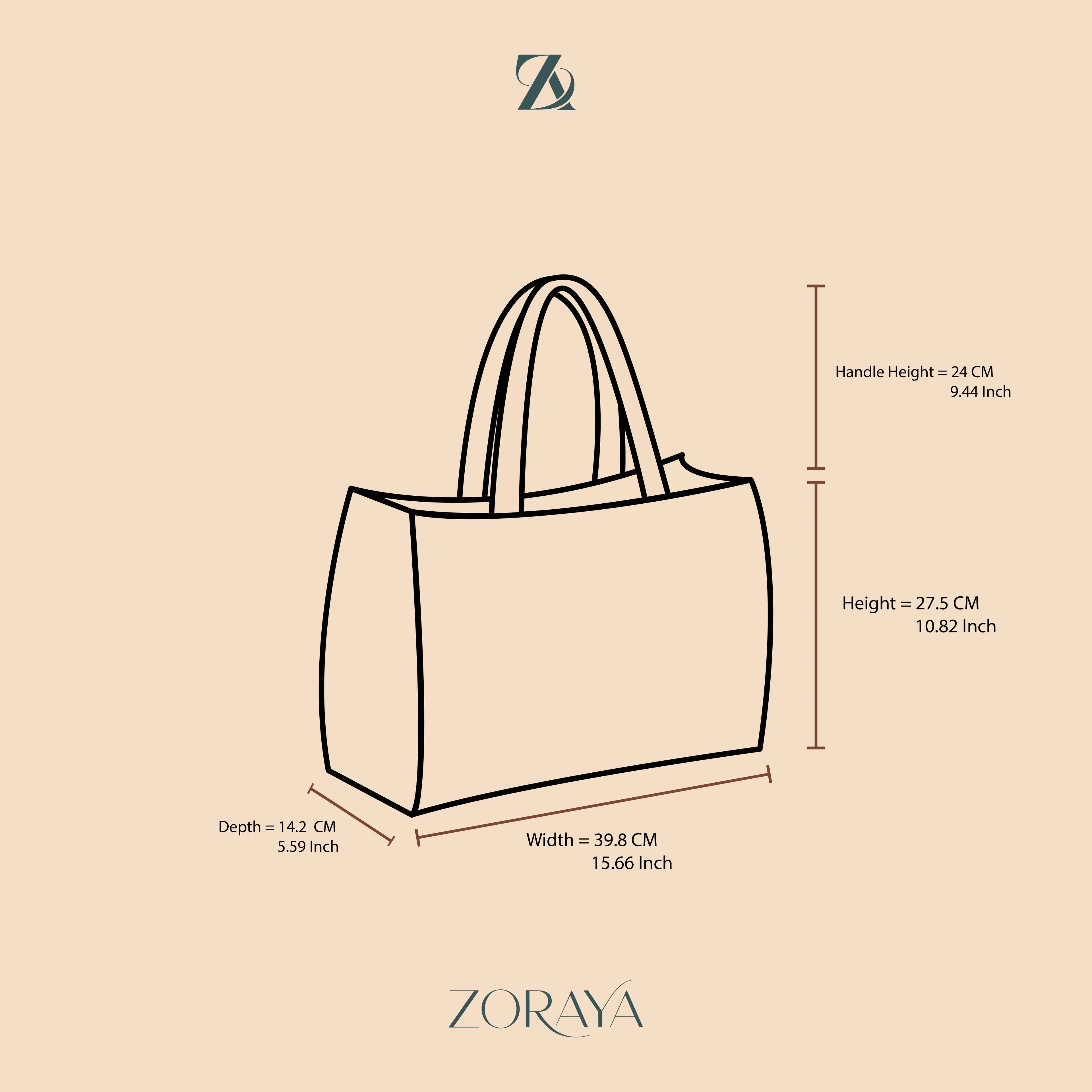 Measurement chart of a tote bag with Zoraya branding on a beige background,
women handbags online pakistan

tote bags for women pakistan

leather tote bags women pakistan

handbags for working women pakistan

stylish handbags women pakistan

large tote bag women pakistan

affordable handbags pakistan

designer handbags women pakistan

ladies handbags pakistan online shopping

everyday tote bag women pakistan
